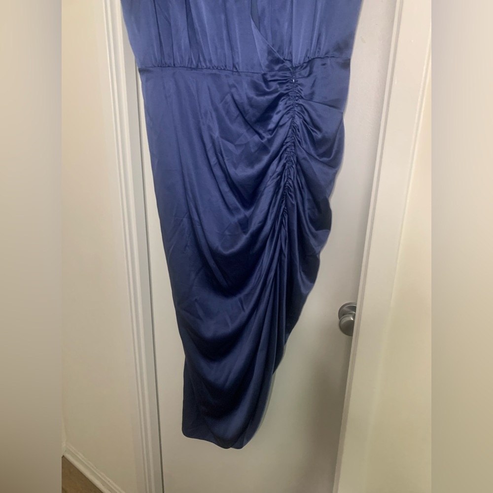 Veronica Beard Blue Satin Asymmetrical Ruched Dress Flawed - Picture 7 of 12